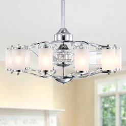 Outlet 🎉 Warehouse Of Tiffany Vasilica 29 Inch Modern Glass Shade Ceiling Fandelier With Remote - N/A Chrome Polish 👏
