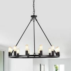 Buy 👏 Warehouse Of Tiffany Liam 12-Light 35 Inch Round Wagon Wheel Chandelier Matte Black 😀