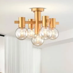 New โจ Warehouse Of Tiffany 18" Wellmian 5-Light Matte Gold Semi-Flushmount Ceiling Lamp Mini Glass Globe Shades ๐ฅ