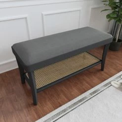 Best reviews of ❤️ Warehouse Of Tiffany Maisy 15-Inch Solid Rectangle Bench - Gray Velvet W/ Birch Wood Legs+Natural Rattan Shelve 👍