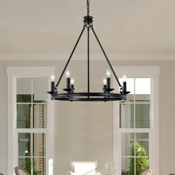 Best deal 👍 Warehouse Of Tiffany Leontia 25 Inch Mid-Century Modern Wagon Wheel Style Matte Black Finish Ceiling Lighted Candle Chandelier 6-Light - N/A 🧨