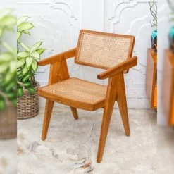 Best deal 😀 Warehouse Of Tiffany Nacum Stained Teak Wood And Natural Rattan Modern Armchair 🔔