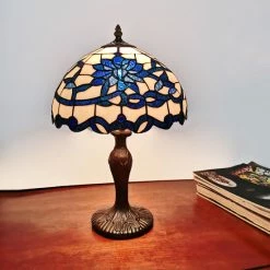 Best deal 🤩 Warehouse Of Tiffany Gracie 12-inch Blue/White Flower Design Stained Glass/Bronze Tiffany-Style Table Lamp ❤️