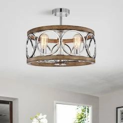 Promo 🎁 Warehouse Of Tiffany Myla Chrome 3-Light Metal Drum Semi-Flush Mount 🎉