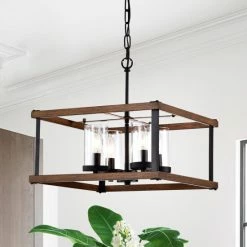 Best deal ⭐ Warehouse Of Tiffany Avriel Imitation Wood Grain/Matte Black 4-light Chandelier With Clear Glass Shades 🎉