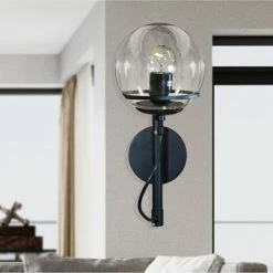 Budget 😉 Warehouse Of Tiffany Marianus Black 1-Light Sconce With Clear Glass Shade (includes Bulb) 🌟