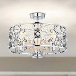 Coupon 🤩 Warehouse Of Tiffany Theofy 18 Inch Glam-Modern Drum Shade Semi Flush Mount 3-Light Chrome ❤️