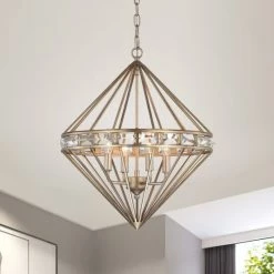 Buy ✔️ Warehouse Of Tiffany Mayne Aged Silver Geometric Pattern 4-Light Metal Cage Chandelier 🧨