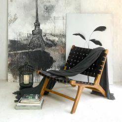 New 🔥 Warehouse Of Tiffany Brisot Square Weave Leather On Teak Wood Lounge Chair Tan ✨