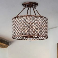 Best deal 🎉 Warehouse Of Tiffany Estela Rustic Bronze 4-Light Semi-Flushmount With Crystal Shade 🛒