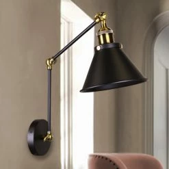Best Pirce โจ Warehouse Of Tiffany Payne Matte Black & Antique Brass 1-Light Wall Sconce With Metal Cone Shade ๐คฉ