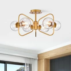 New ✨ Warehouse Of Tiffany Jayda 6-Light Geometric Metal Frames Semi-Flush Mount With Glass Globe Shades Chrome 🛒