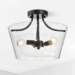 New 🌟 Warehouse Of Tiffany Ambrose Matte Black 3-Light Clear Seeded Glass Shade Semi-Flush Mount 👍