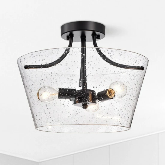 New ๐ Warehouse Of Tiffany Ambrose Matte Black 3-Light Clear Seeded Glass Shade Semi-Flush Mount ๐ 1 New ๐ Warehouse Of Tiffany Ambrose Matte Black 3-Light Clear Seeded Glass Shade Semi-Flush Mount ๐