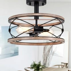 Hot Sale ๐ฏ Warehouse Of Tiffany Vesta Semi Flush Mount Ceiling Light Matte Black With Wood Grain Finish 2-Light - N/A ๐