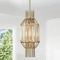 Best deal ⭐ Warehouse Of Tiffany Aes 1-Light Polished Brass And Crystal Caged Pendant Lamp ✨