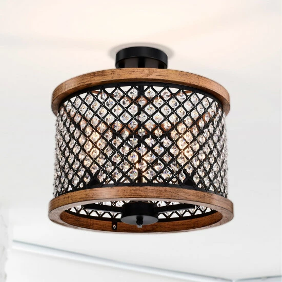 Wholesale 🔥 Warehouse Of Tiffany Denica 16 Inch Crystal Shade Semi Flush Mount 3-Light Matte Black And Imitation Wood Grain 💯 1 Wholesale 🔥 Warehouse Of Tiffany Denica 16 Inch Crystal Shade Semi Flush Mount 3-Light Matte Black And Imitation Wood Grain 💯