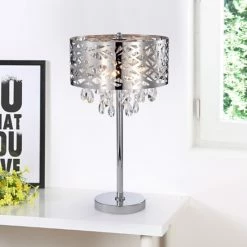 Best Pirce 😍 Warehouse Of Tiffany Malati Chrome Crystal Accent 3 Light Steel Table Lamp Wish Metal Shade ⌛