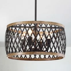 Best deal 🌟 Warehouse Of Tiffany Agustin Matte Black 4-Light Metal Geometric Drum Shade Chandelier ⌛